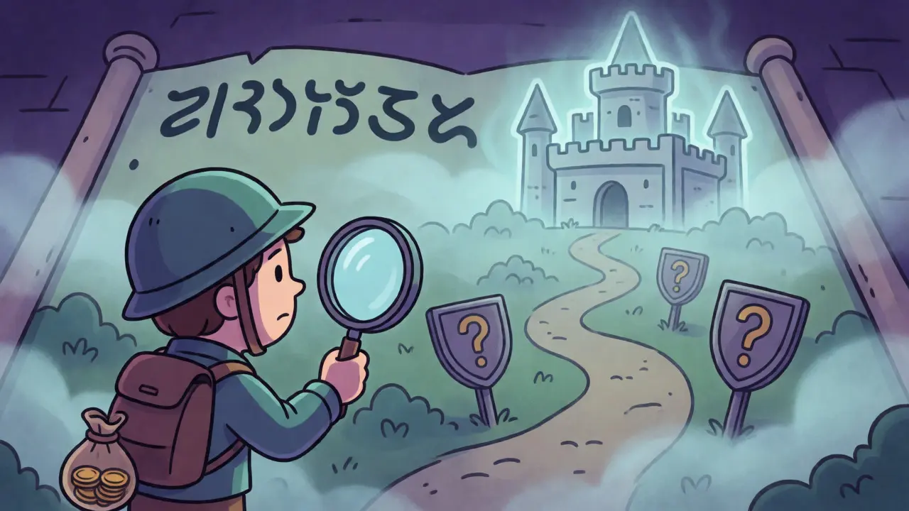 An explorer examines a foggy map with warning signs near a ghostly castle.