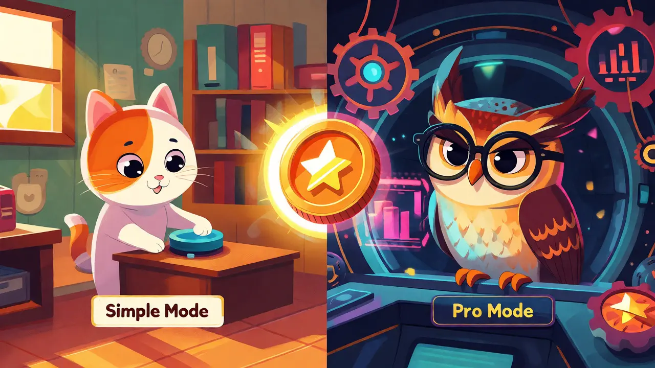 Cartoon cat and owl showing simple versus pro trading modes
