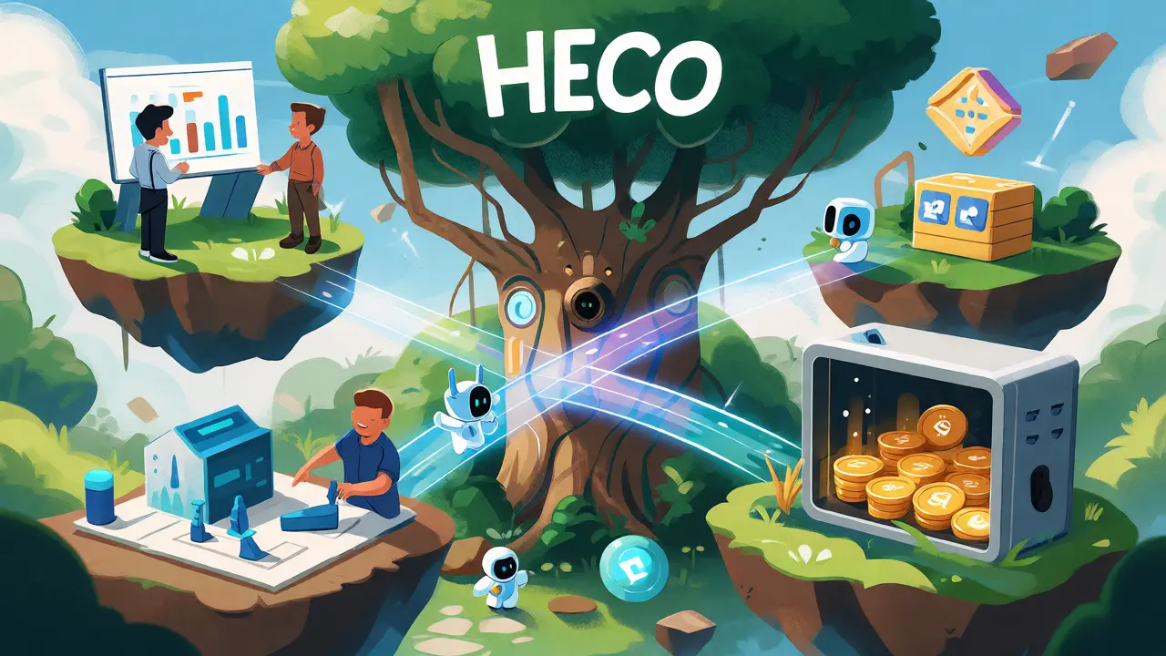 Cartoon depiction of the HTX ecosystem connecting trading, DeFi, and token utility.