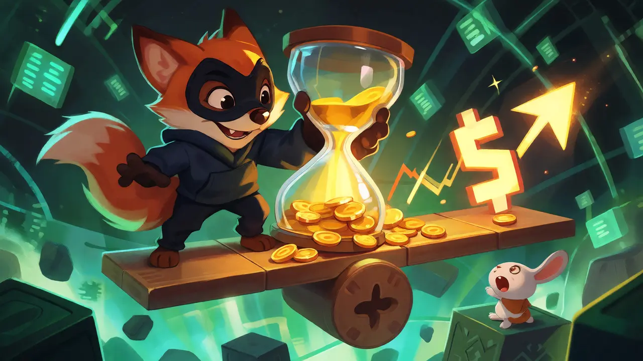 Cartoon hacker using a flash loan to manipulate a seesaw-like liquidity pool while a trader reacts.