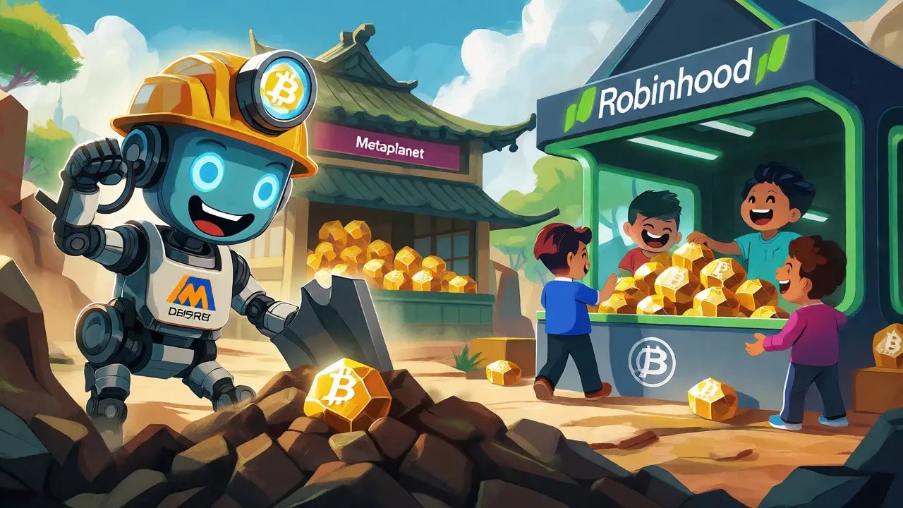 Cartoon robots mine Bitcoin while traders exchange gems in a vibrant market.