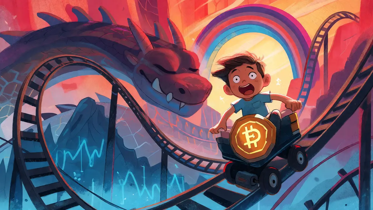 Character on a volatile crypto rollercoaster past a dragon