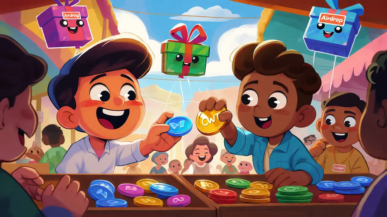 Characters trading tokens and receiving airdrops
