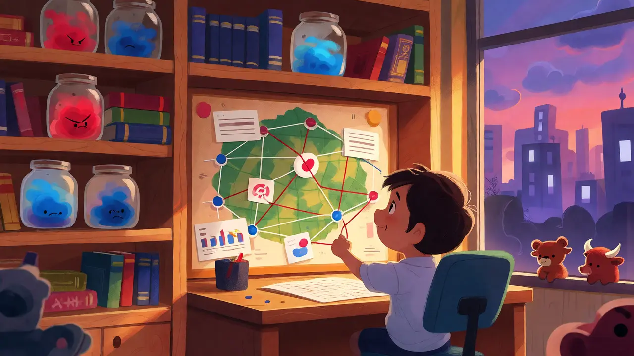 Child analyzing market sentiment maps in a cozy study