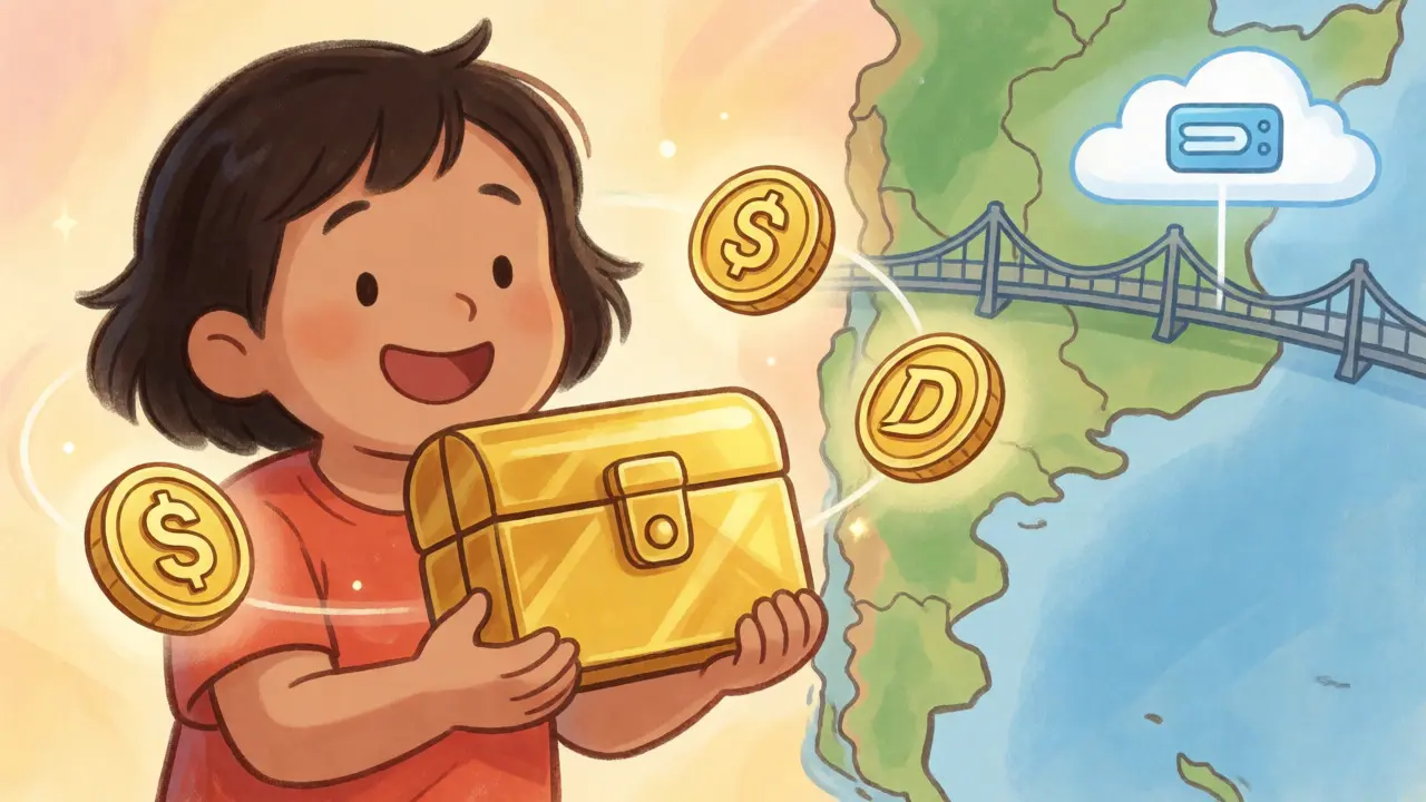 Child holding a hardware wallet surrounded by floating stablecoin icons