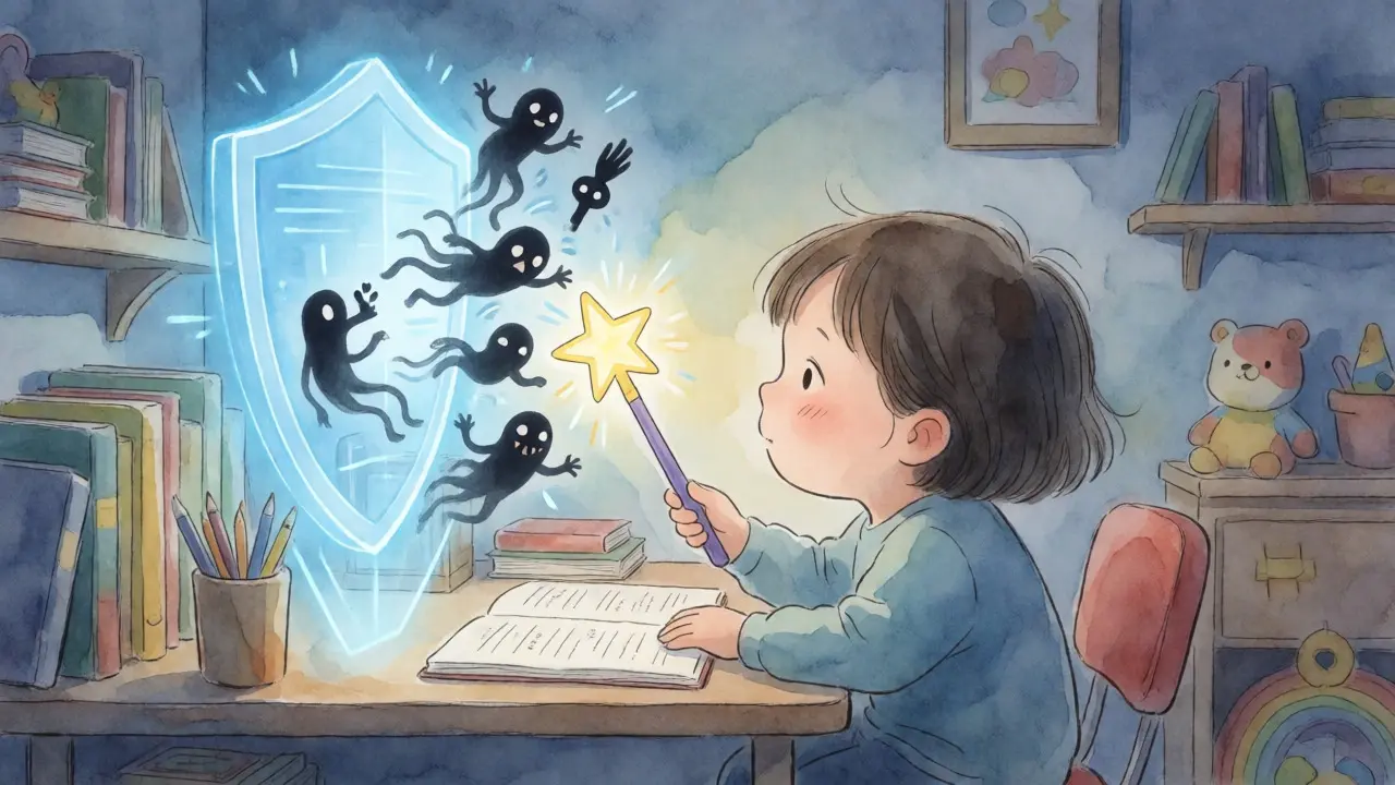 Child using a magic wand to protect a digital shield from scam monsters