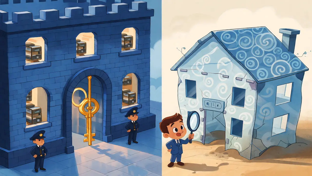 Comparison of a sturdy brick exchange fortress versus a fragile glass house representing risk.