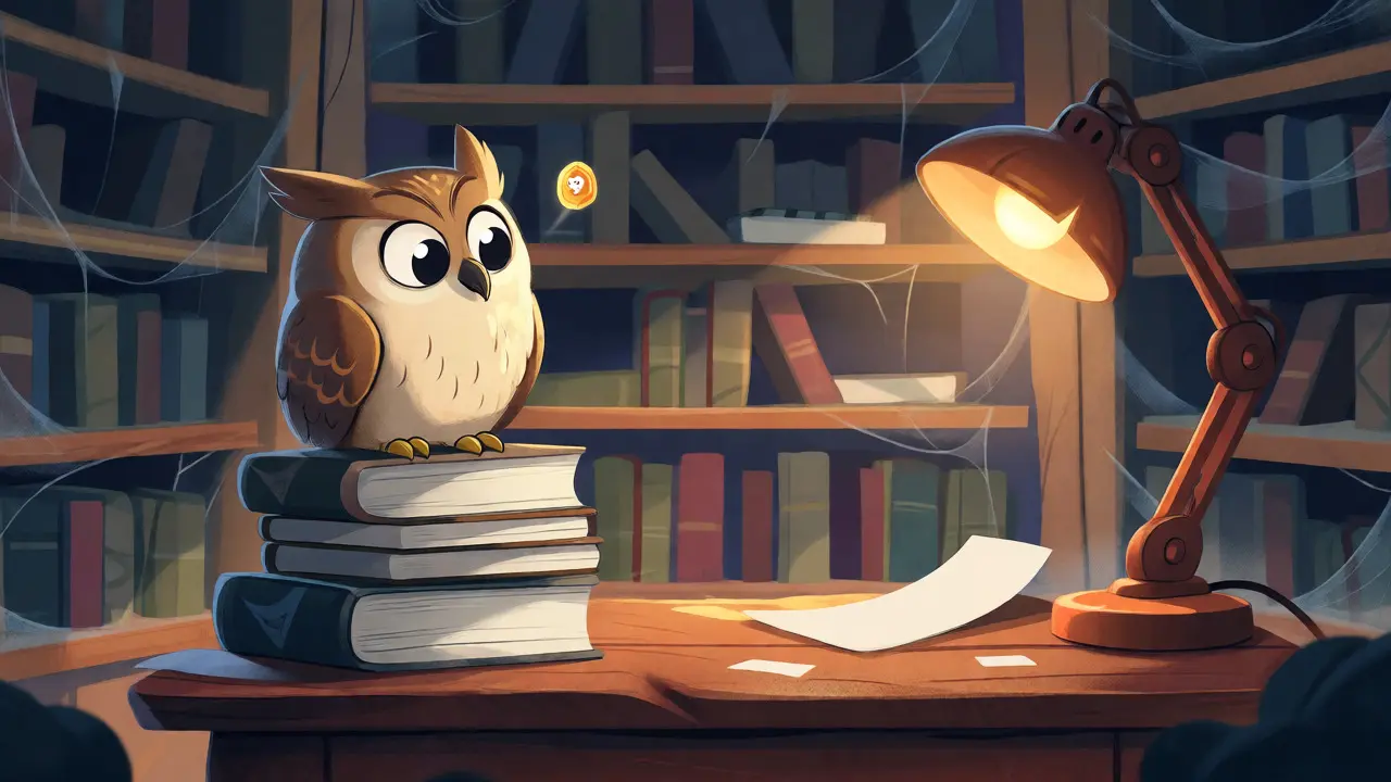 Confused owl in an empty library surrounded by cobwebs and blank books