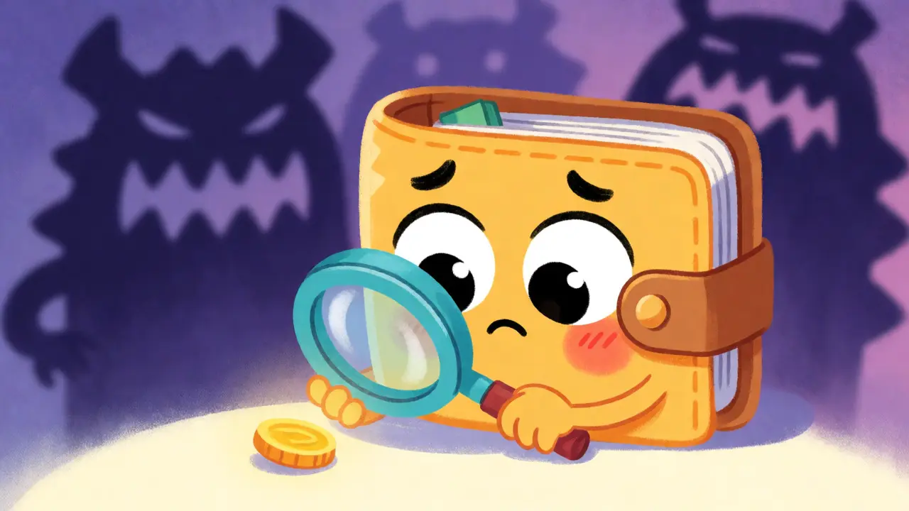 Confused wallet character examining a tiny, low-value coin