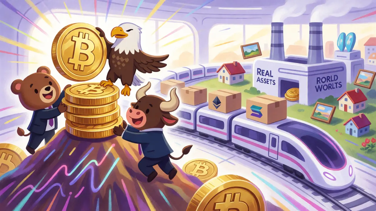 Corporate mascots stacking Bitcoin while trains deliver tokenized real-world assets.