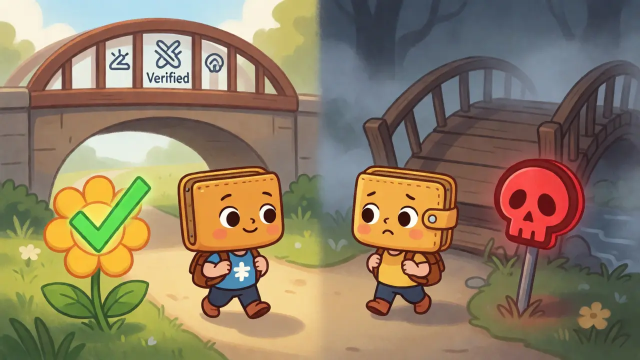 Crypto wallet character choosing between a safe verified bridge and a risky trap