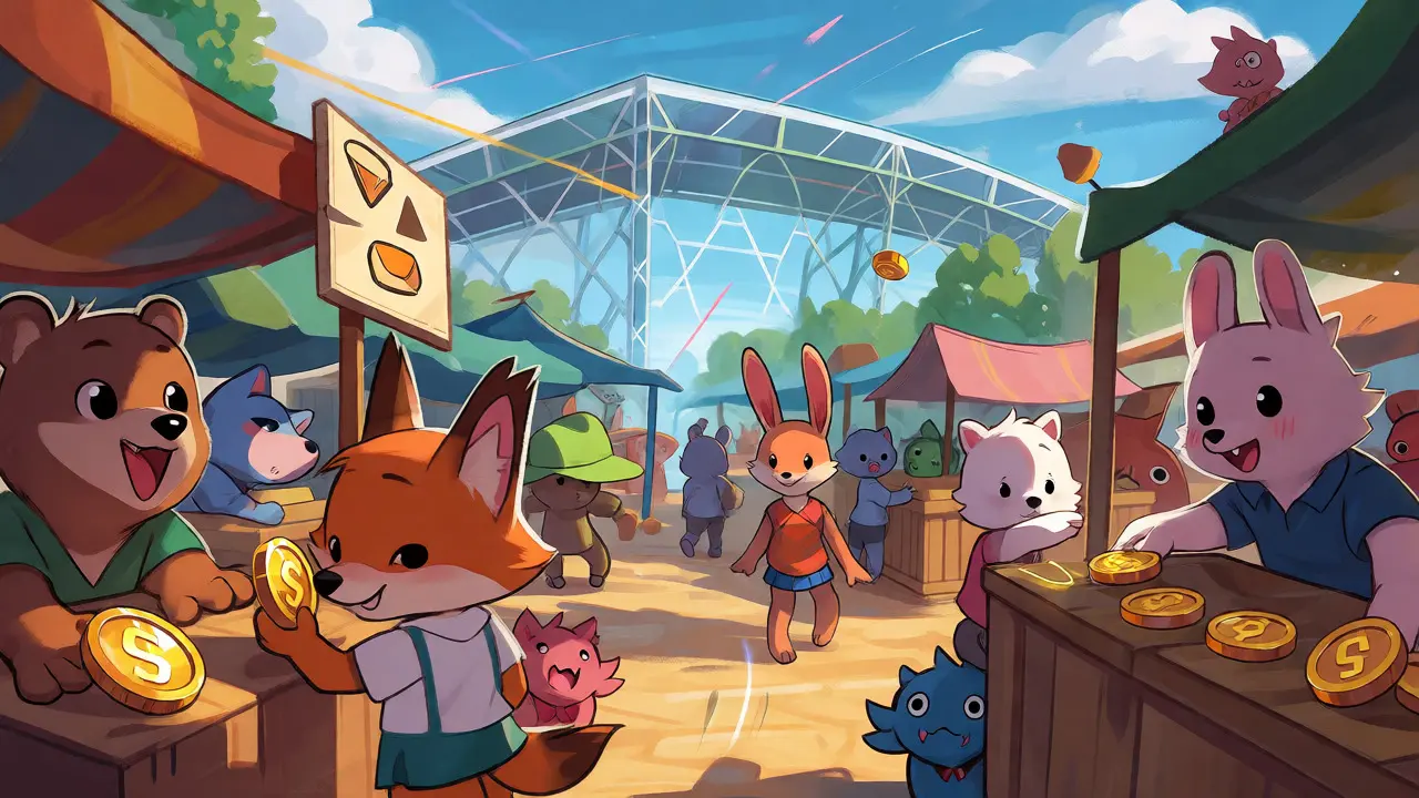 Cute animals trading wrapped tokens in a busy DeFi marketplace with bridge background