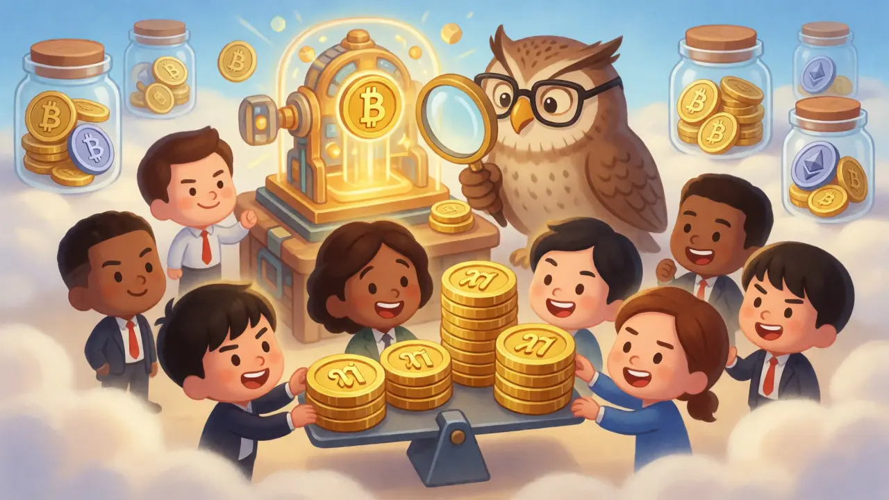 Entrepreneurs stack gold coins to meet licensing requirements while an owl audits their platform.