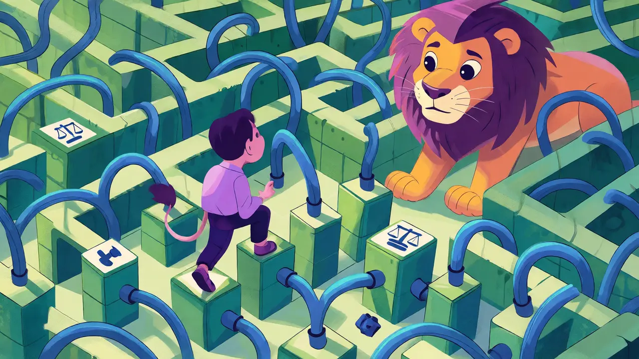 Figure navigating a maze of bank wires and digital blocks watched by a lion