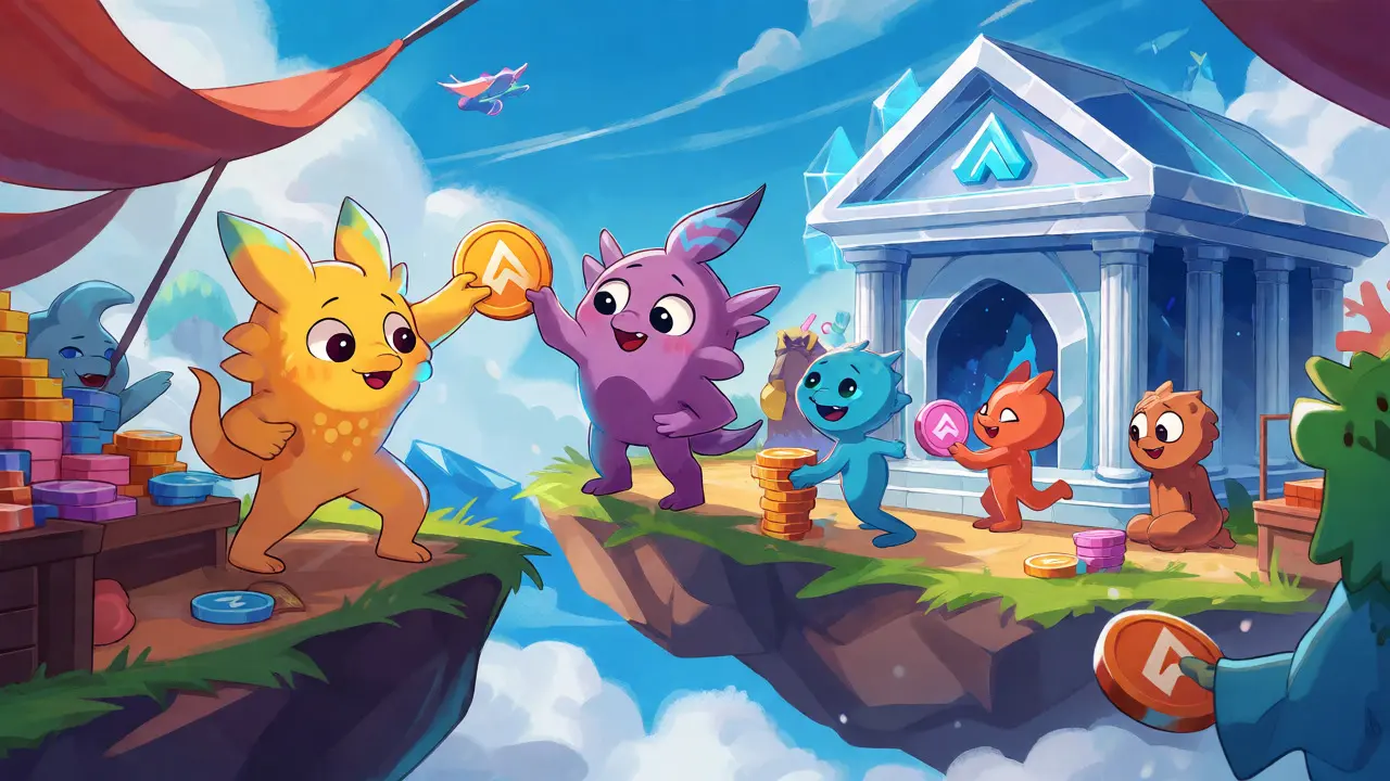 Friendly creatures trading and using stAVAX tokens in a floating marketplace scene.