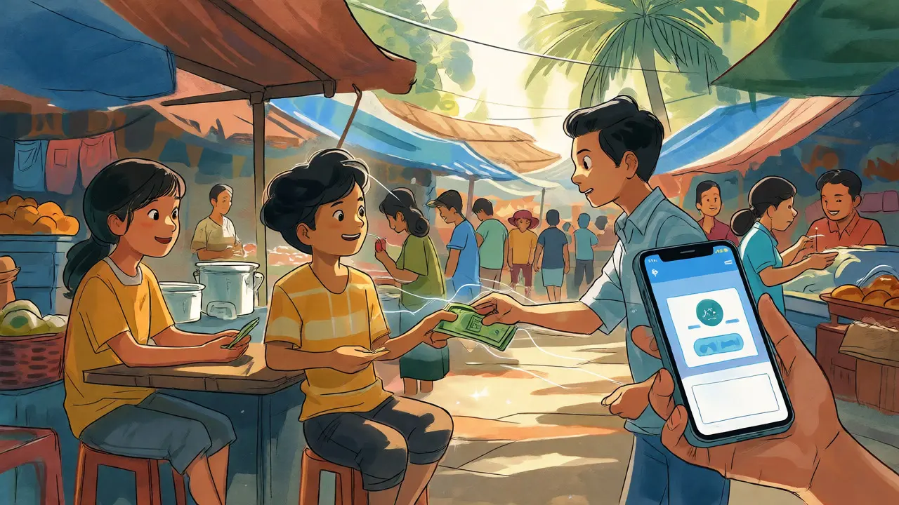 Friends exchanging money via digital threads at a sunny tea stall
