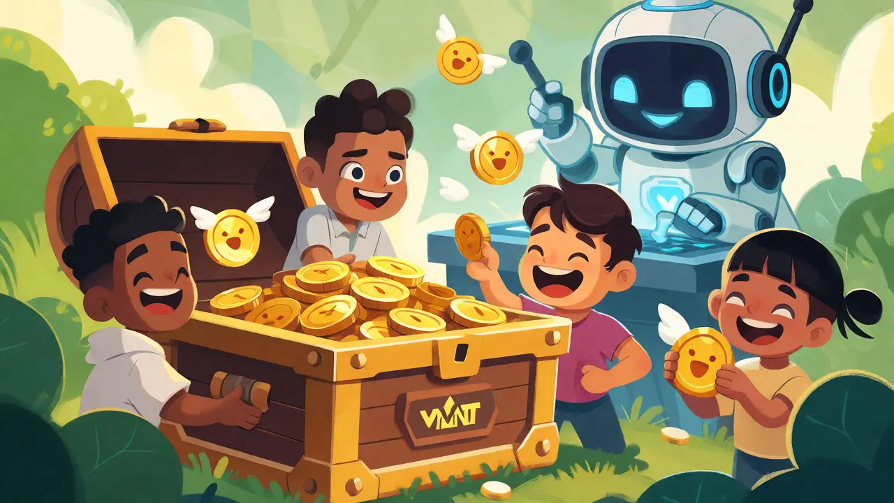 Happy characters collecting winged coin rewards from a treasure chest