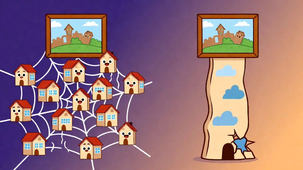 Illustration comparing stable decentralized web nodes vs. fragile central server.