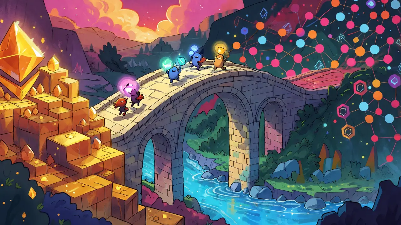 Illustration of a magical bridge connecting two different fantasy blockchain worlds.