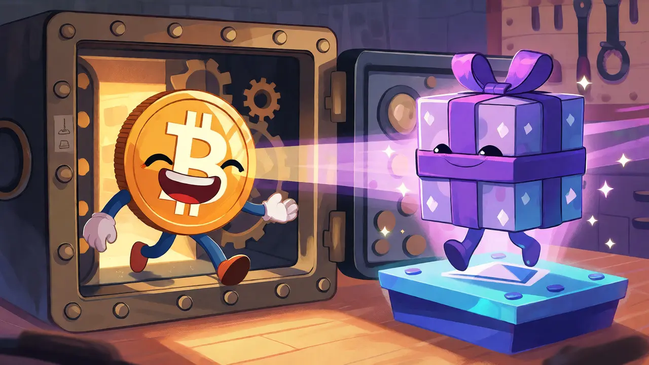 Magical vault transforming Bitcoin into Wrapped Token via minting process illustration