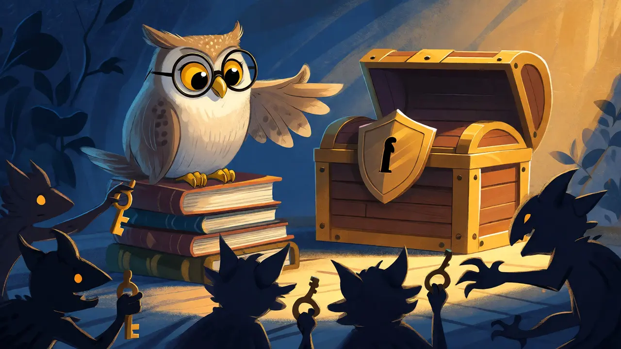 Owl guarding a treasure chest from sneaky tricksters