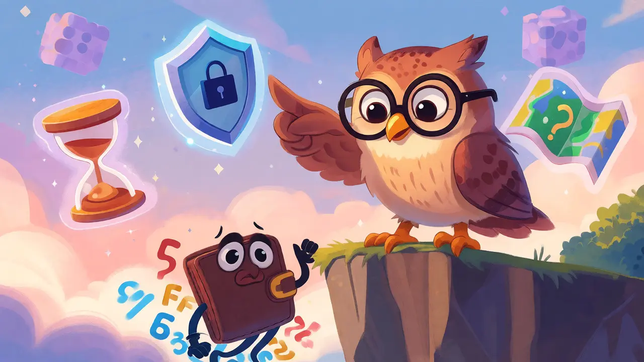 Owl guide showing security tools to a nervous wallet character near a financial cliff.