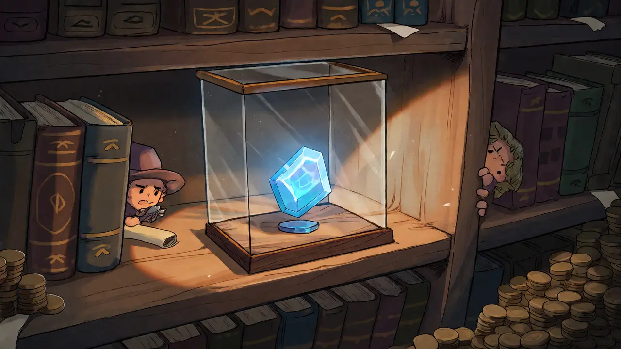 Rare glowing token in a glass case within a dimly lit library watched by wizards.