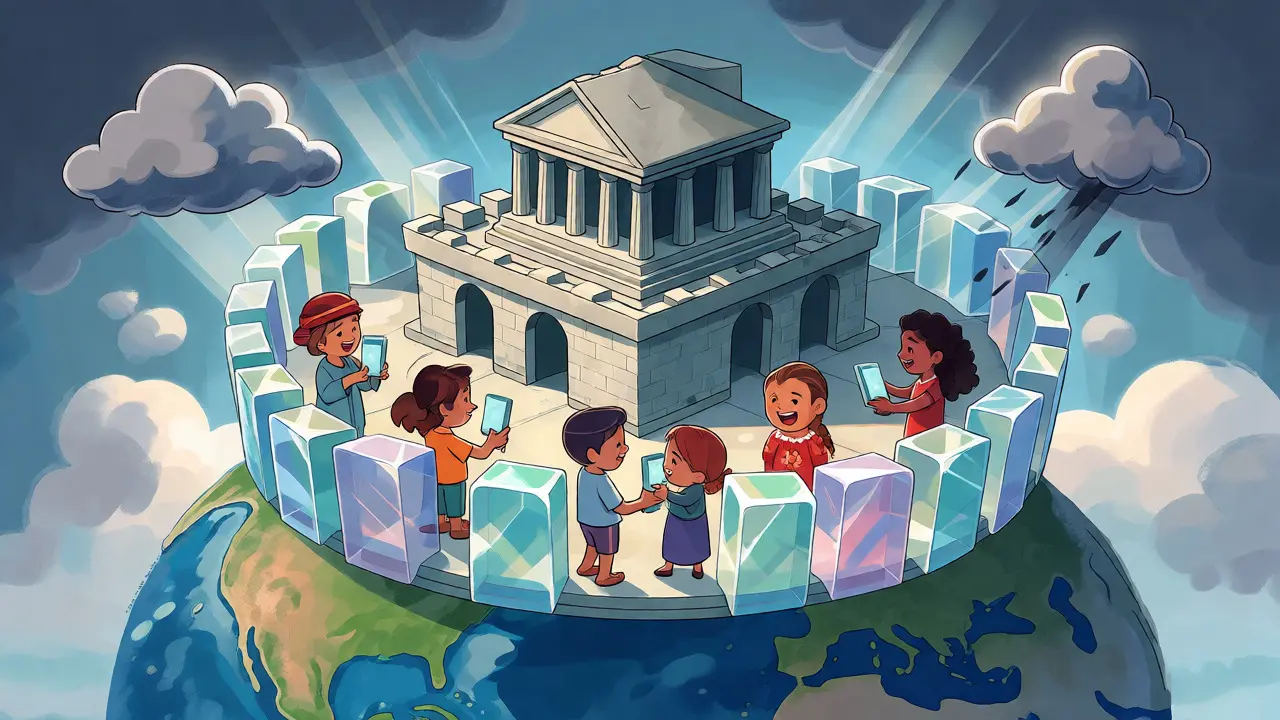 Secure global crypto exchange depicted as a fortified bank on a globe with protective shields.
