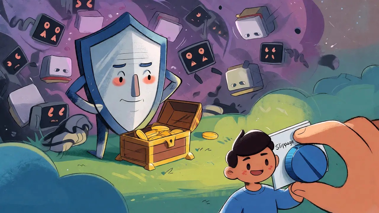 Shield character protecting a treasure chest from shadowy bots in a stylized DeFi security scene.