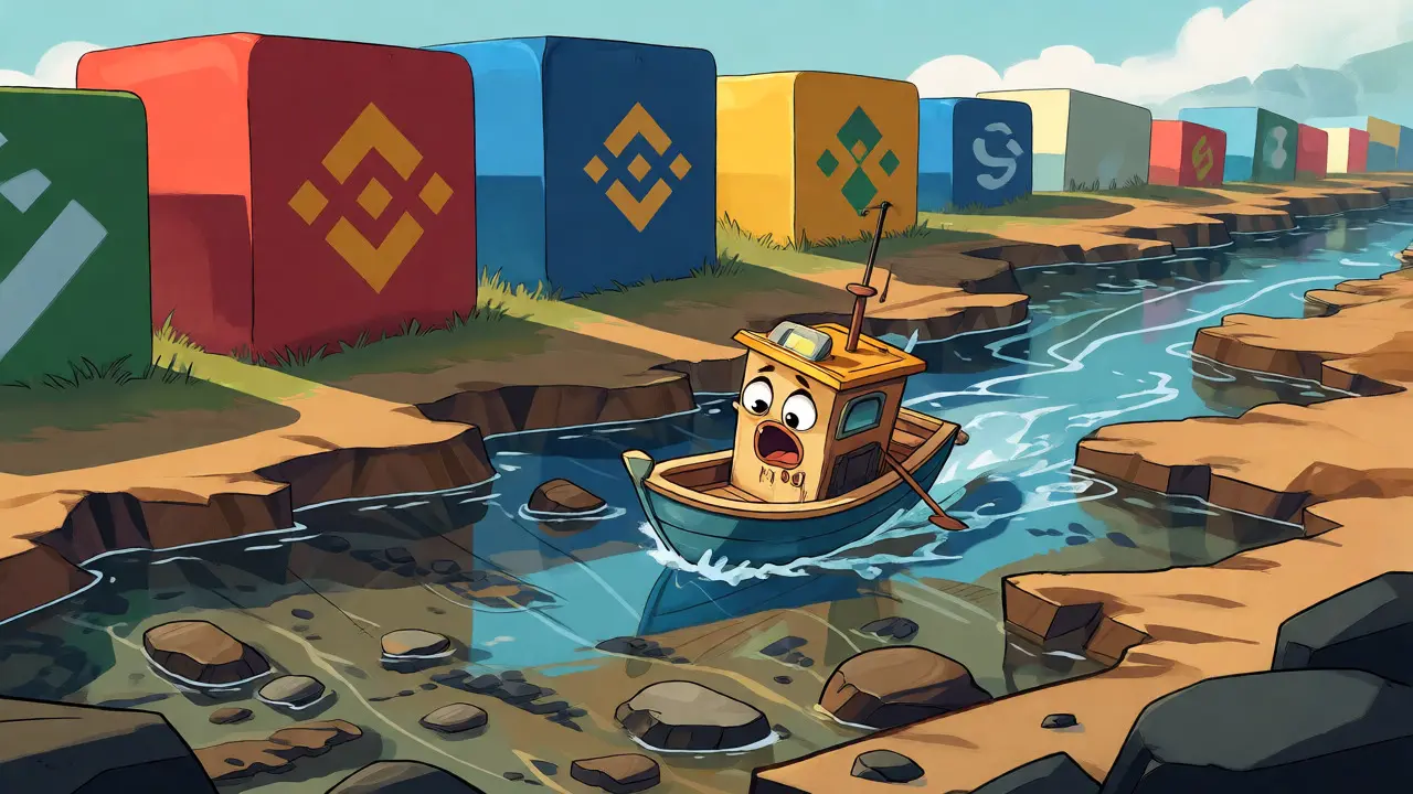 Small boat navigating a shallow stream with rocky obstacles, illustrating low liquidity