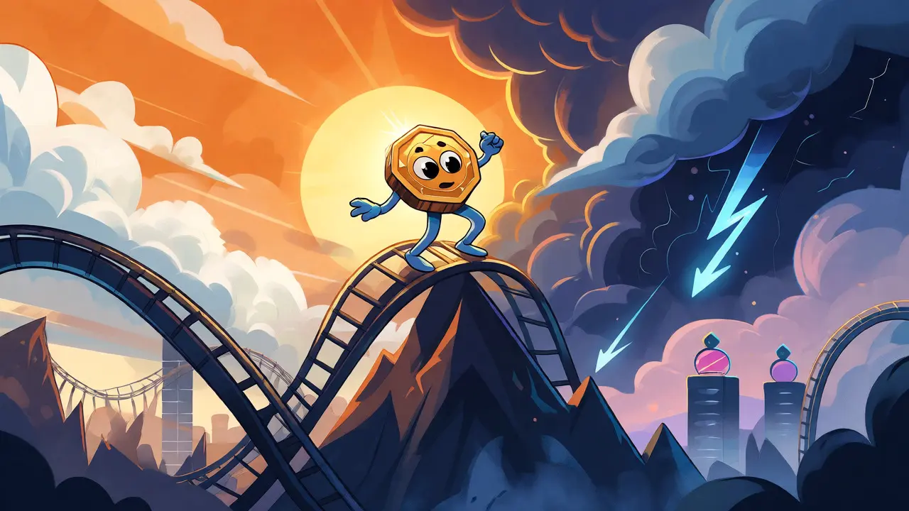 Small token character balancing on a volatile rollercoaster mountain