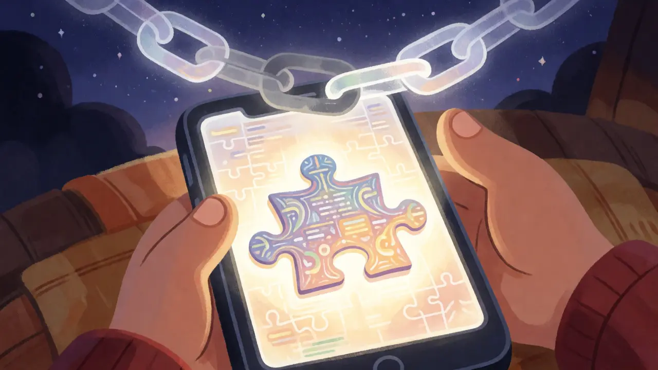 Smartphone displaying an NFT puzzle piece connected to a fading chain link.