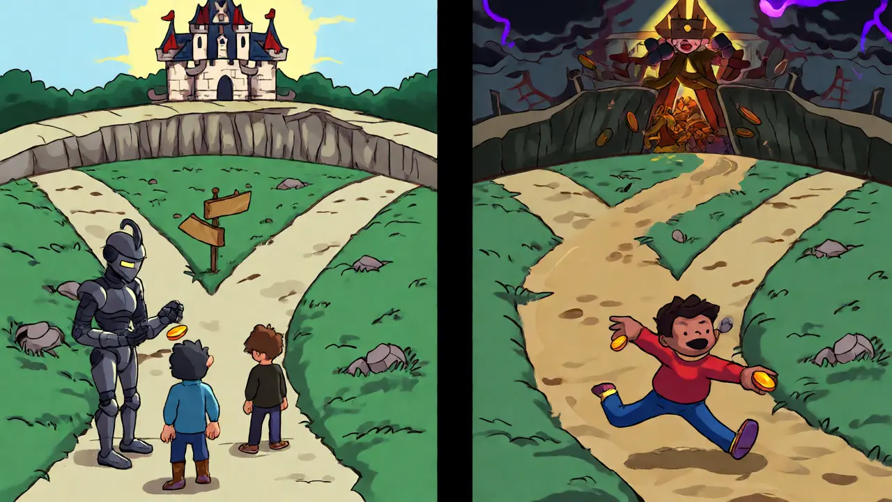 Split scene contrasting a guarded path for enforced royalties versus a chaotic path for optional fees.
