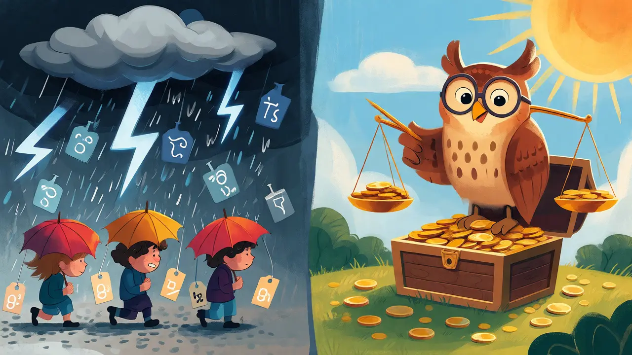 Stormy fear versus sunny value illustrated on a scale