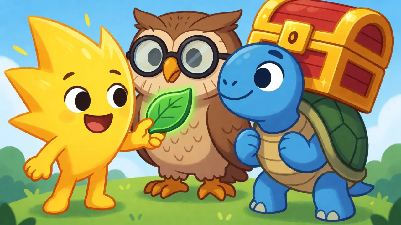 Three mascot characters representing MITO utility, gMITO governance, and tMITO locking.