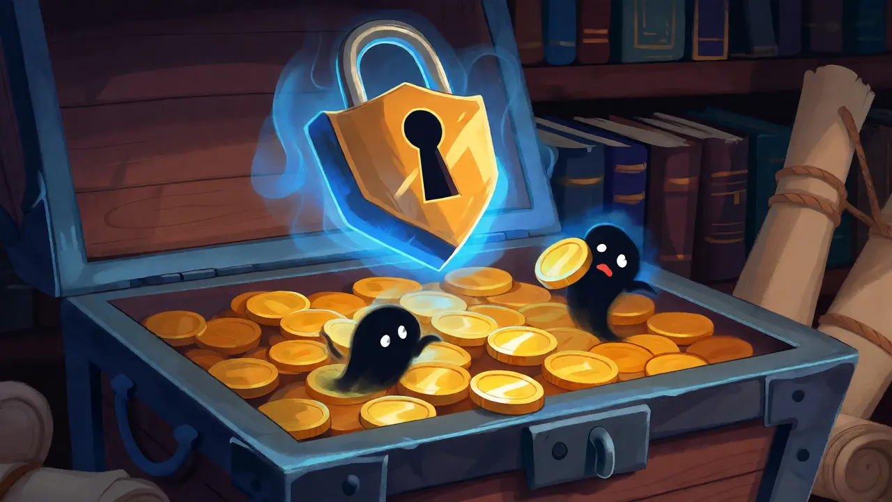 Treasure chest with coins protected by a glowing shield against sneaky shadow creatures.