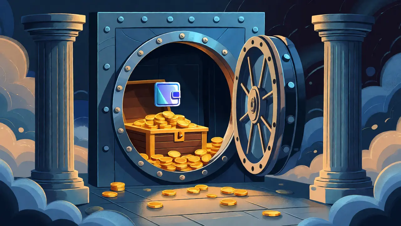 Treasure vault with coins and wallet icons