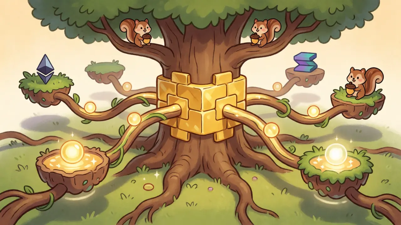 Tree-like hub connecting floating chain platforms with flowing asset orbs.