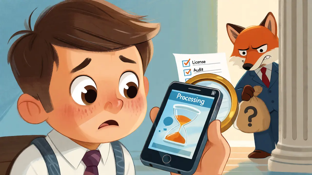 Worried investor checking list while fox hides with money bag