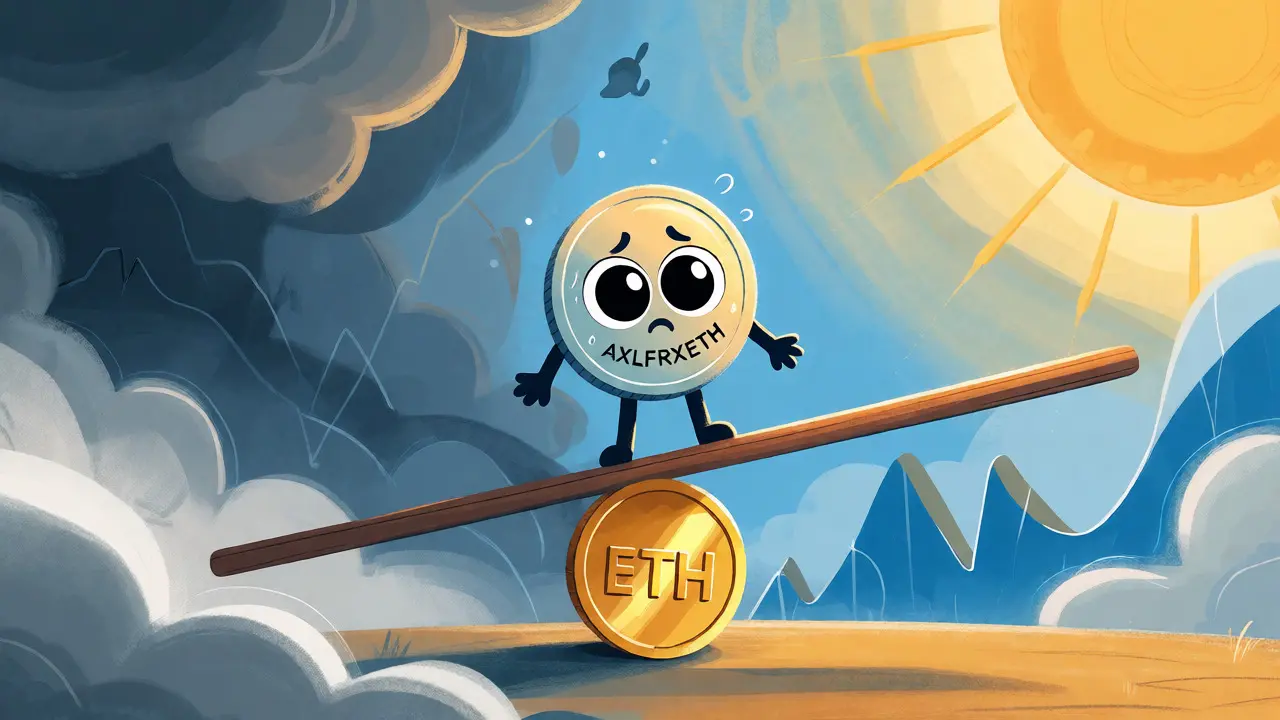 Worried token character on a seesaw balancing against a gold coin amidst stormy skies.