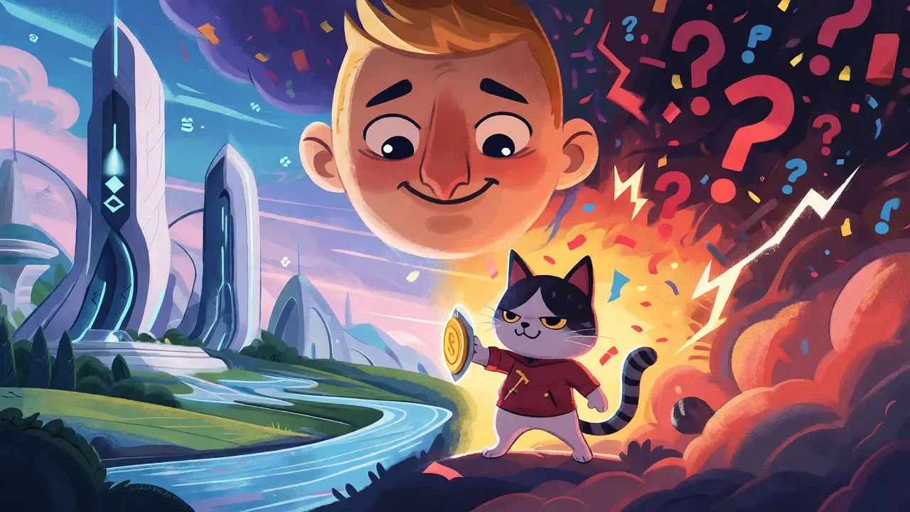 A cartoon cat holding a coin shield between a tech city and a chaotic storm.