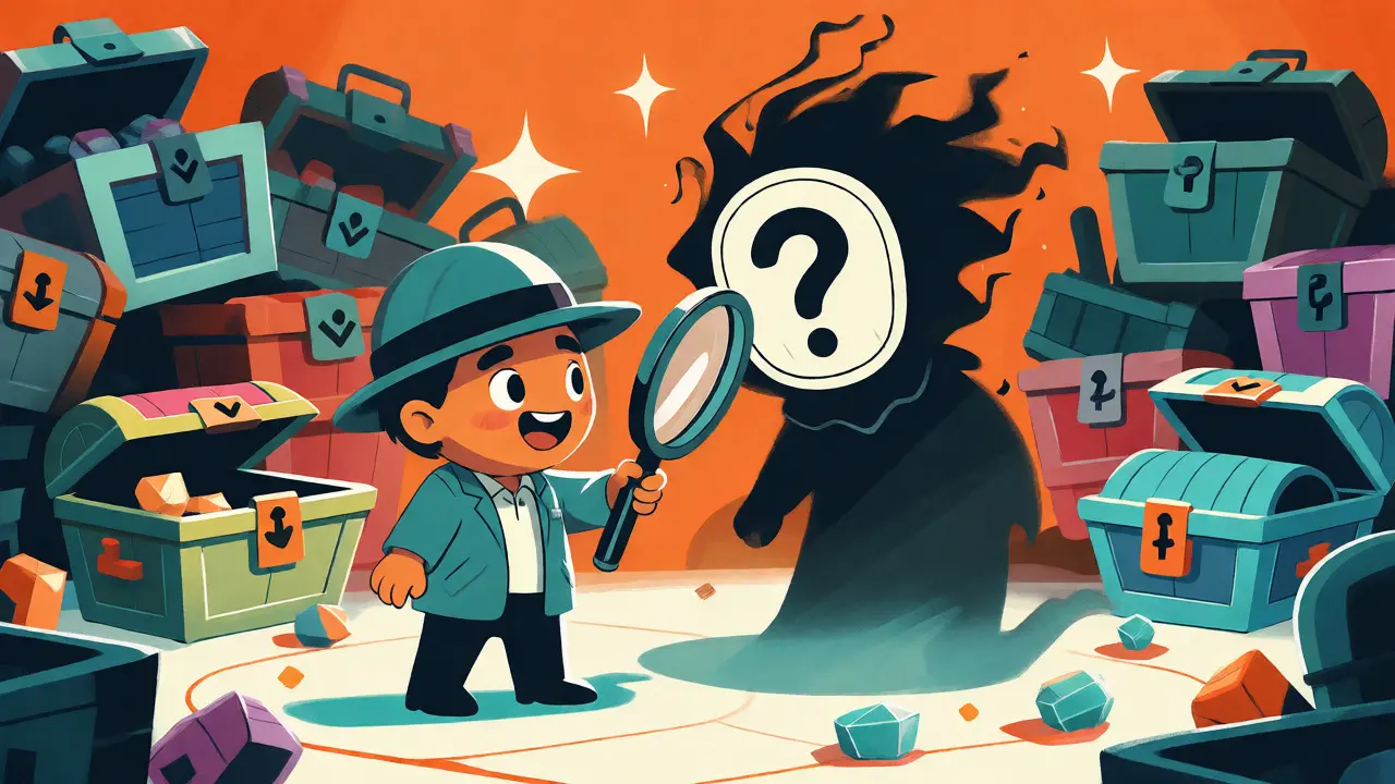 A cartoon character inspecting a masked figure amidst scattered NFT chests and loot boxes.