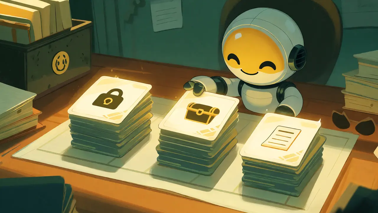 A friendly robot sorting glowing NFT cards into stacks representing different game rewards.