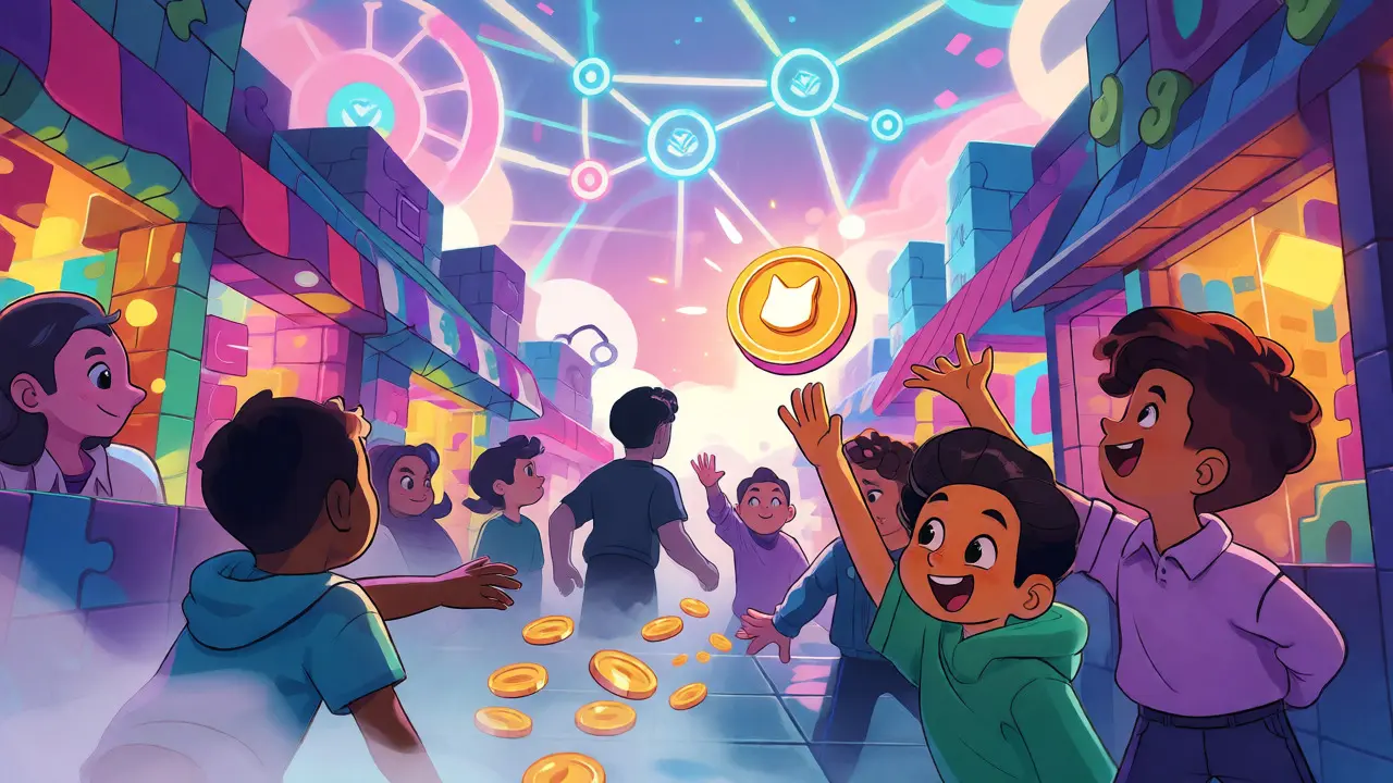 Cartoon traders reaching for a cat-shaped token as a developer figure walks away.