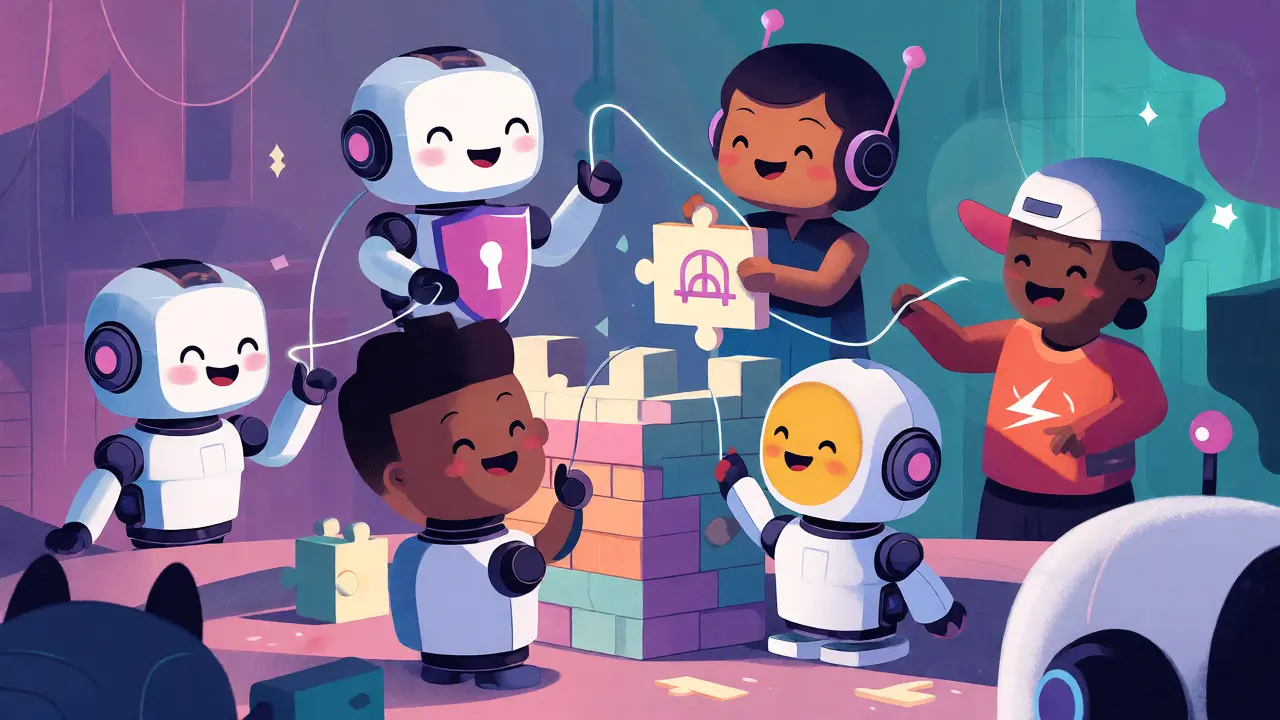 Cute robots connecting blockchain puzzle pieces with glowing threads of light.