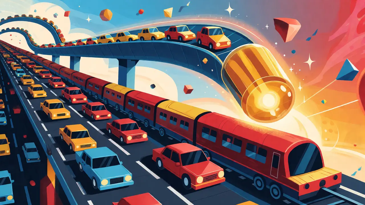 Toy cars moving efficiently through a magical conveyor belt above a busy highway.